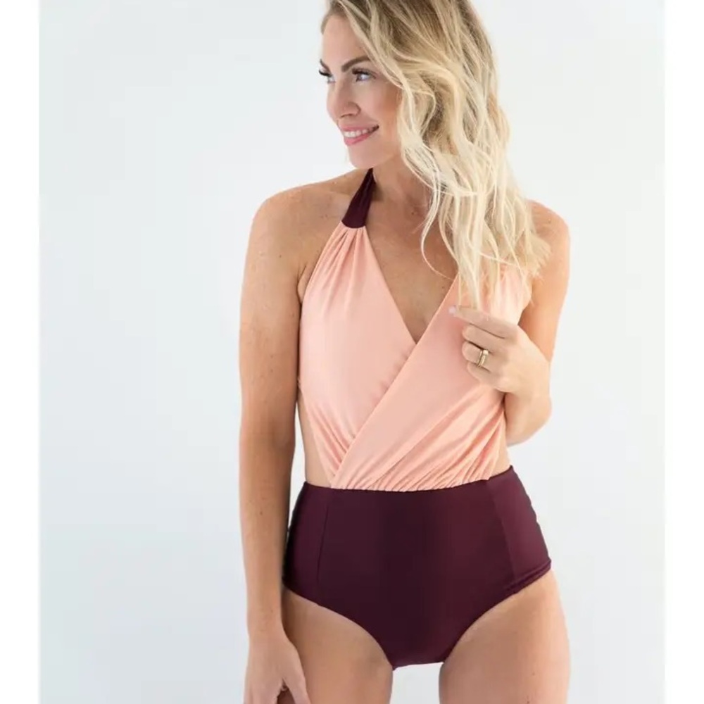 Raising Wild Two-Tone Peach and Burgundy Women's Halter One-Piece Swimsuit